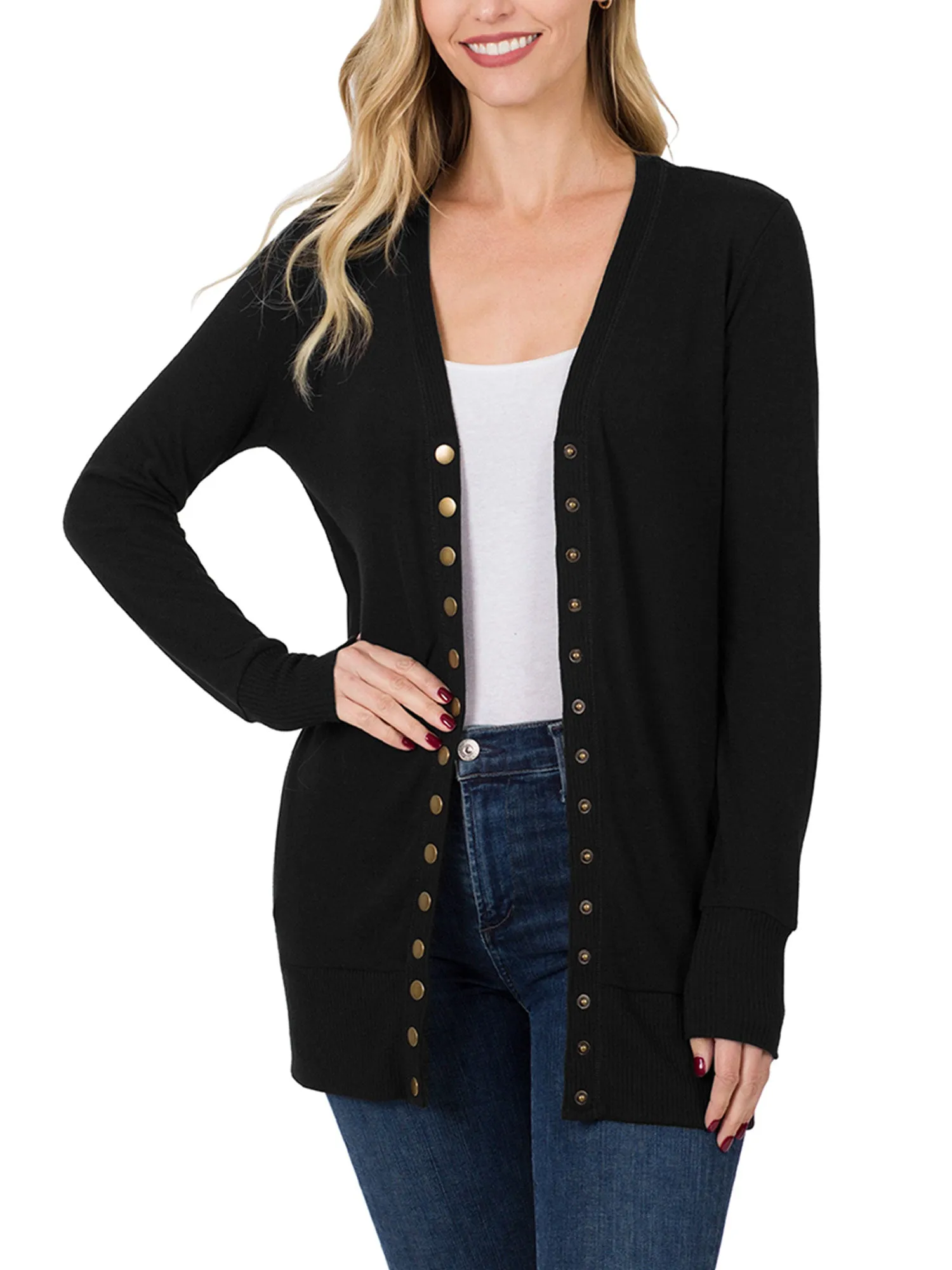 Womens Long Knit Cardigan Sweater with Pockets and Snap Buttons Detail