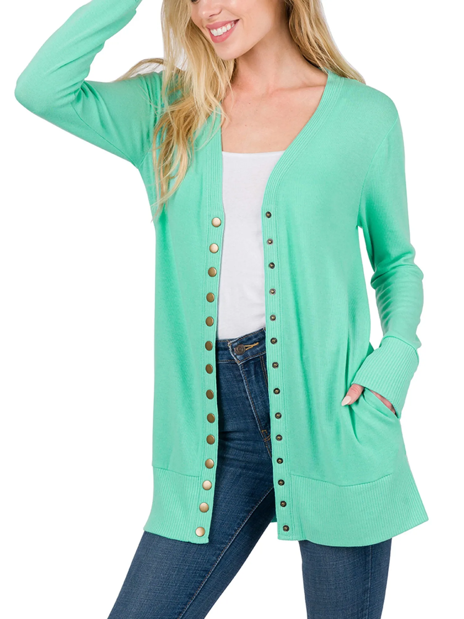 Womens Long Knit Cardigan Sweater with Pockets and Snap Buttons Detail