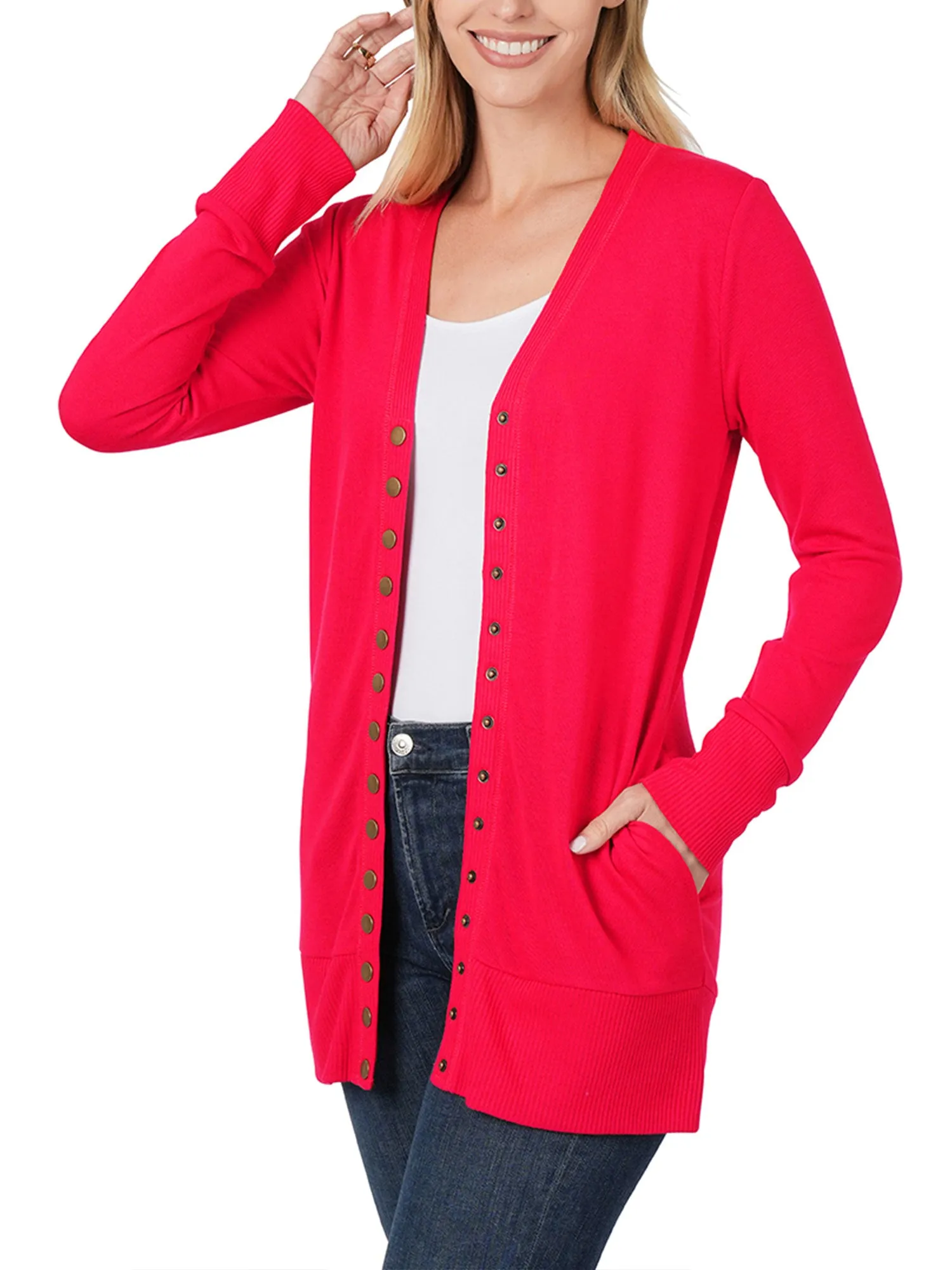 Womens Long Knit Cardigan Sweater with Pockets and Snap Buttons Detail