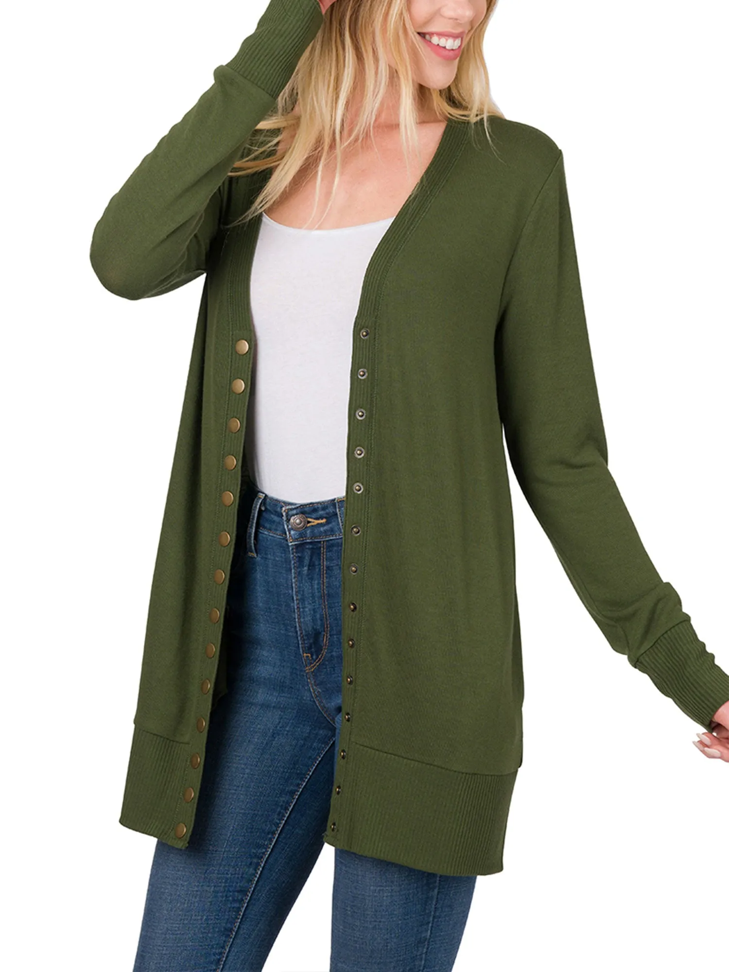 Womens Long Knit Cardigan Sweater with Pockets and Snap Buttons Detail