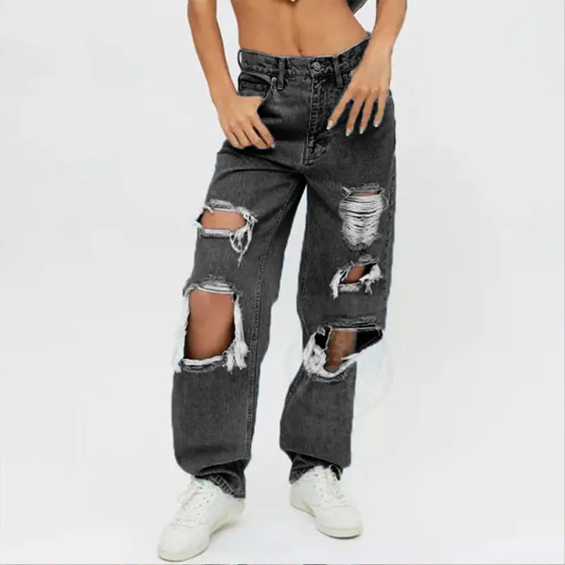 Women's Loose Ripped Straight Denim Trousers