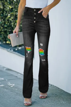 Women's Rainbow Print Patchwork Destroyed Raw Hem Jeans Boyfriend Denim Pants