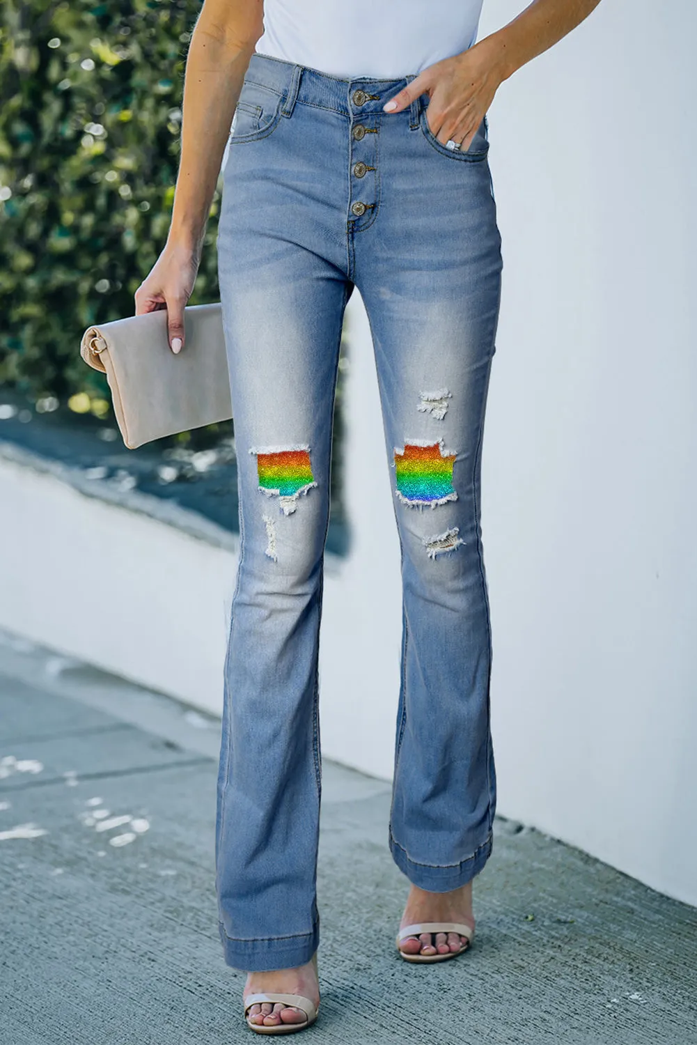 Women's Rainbow Print Patchwork Destroyed Raw Hem Jeans Boyfriend Denim Pants