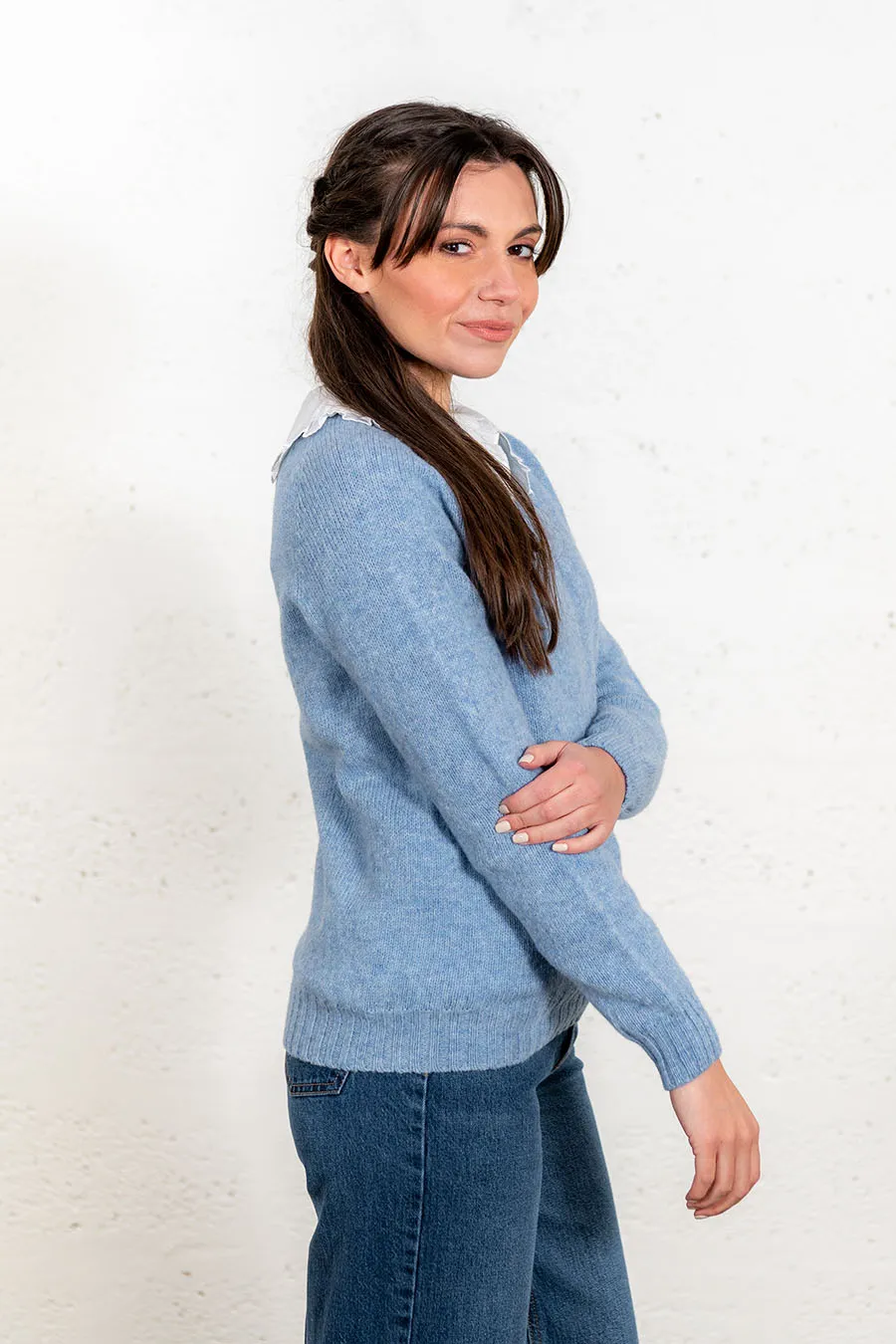 Womens Seamless Saddle Shoulder Shetland Jumper - Ice Blue