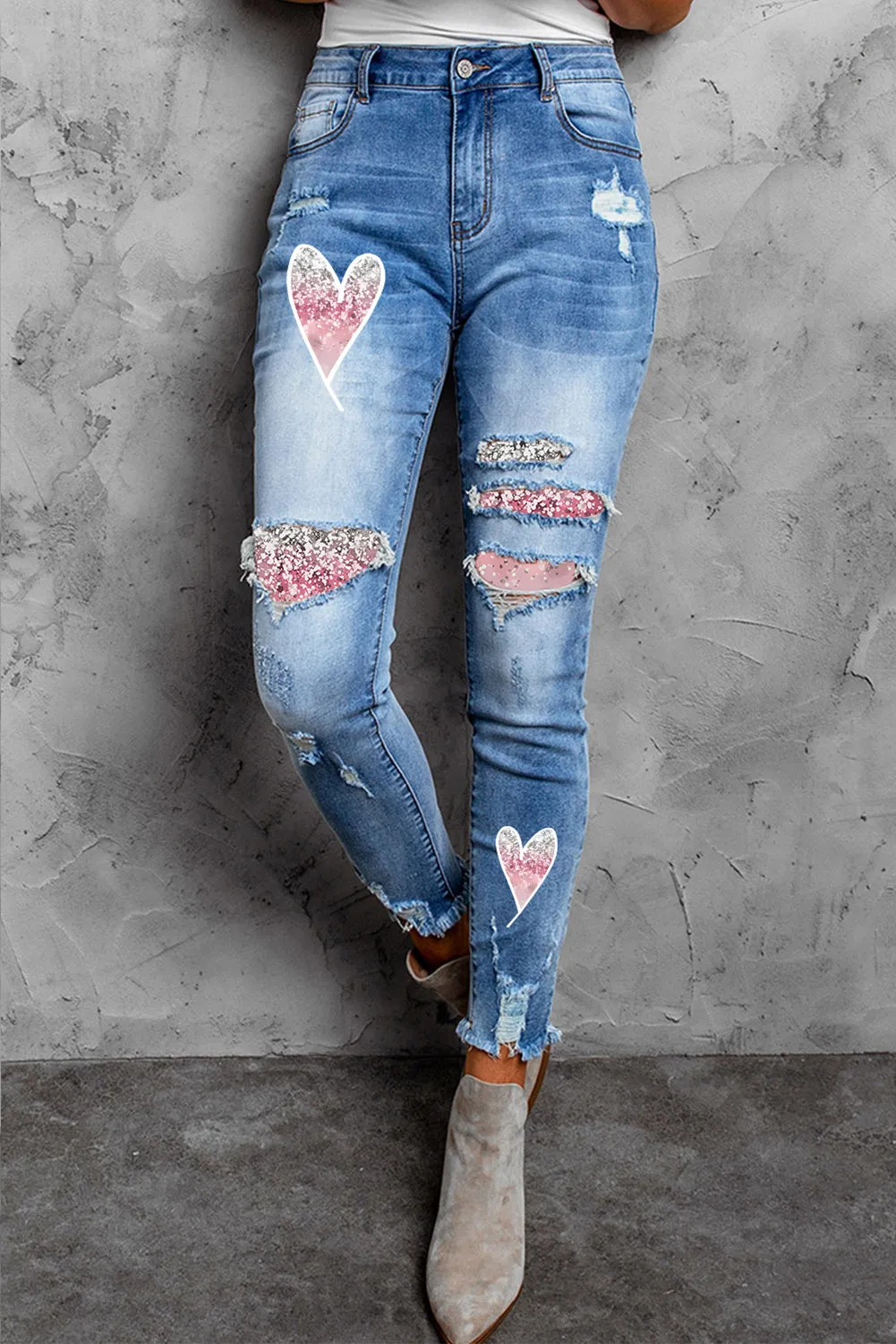 Women's Skinny Jeans Patchwork Destroyed Raw Hem Denim Pants