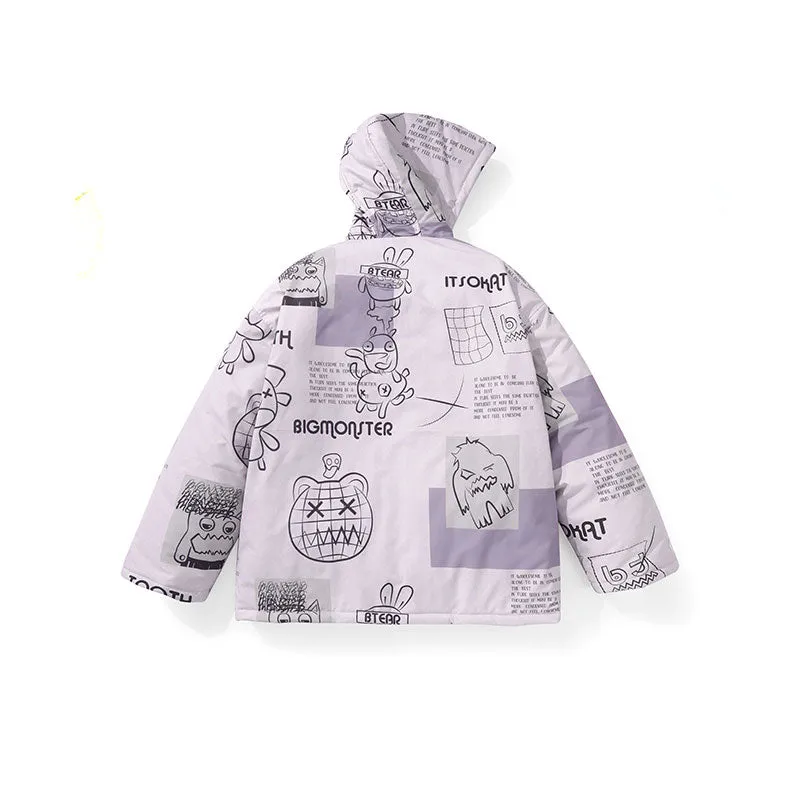 Workwear Big tooth alphabet print Velcro hooded sleeved quilted jacket