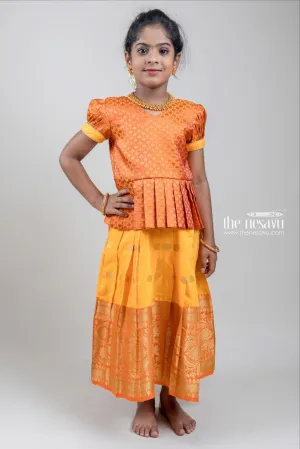 Zari Floral Designer Brown Silk Peplum Blouse with Knife Pleated Yellow Silk Skirt for Girls